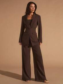 Glamine 3-częściowy damski brązowy komplet garniturowy z szalowym kołnierzem, damski swobodny, uniwersalny komplet garniturowy, odpowiedni do biura, dojazdów do pracy, wyjść, luźny, swobodny komplet garniturowy, jesienny komplet damski, brązowy komplet biurowy, damski, 3-częściowy komplet garniturowy, elegancki komplet damski