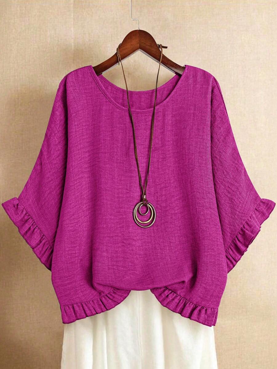 SHEIN LUNE 大码女式纯色圆领荷叶边纹理衬衫 - 中紫紅色 - 查看 1