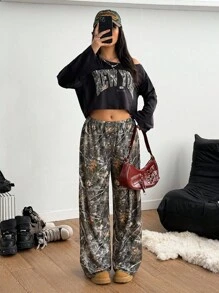 Teen Girl Letter Print Long Sleeve Cropped T-Shirt And Branch Print Pants Casual Outfit - Multicolor - View 6