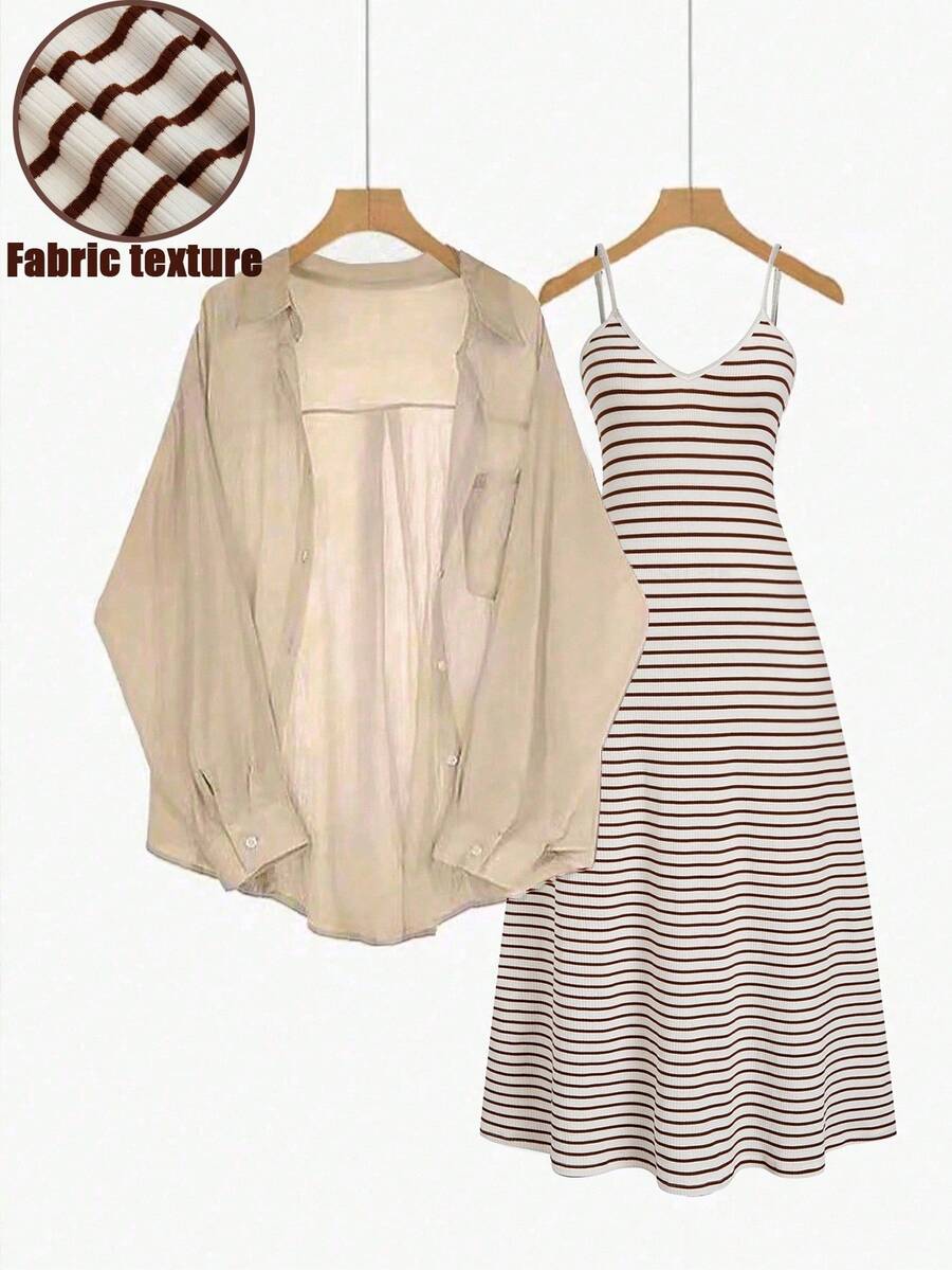 SHEIN LUNE Bộ 2 món LUNE cỡ lớn: Áo cánh voan rộng và váy maxi kẻ sọc dệt kim, phù hợp với mọi kích cỡ, phong cách cổ điển tối giản giản dị - Nhiều màu - Xem 1