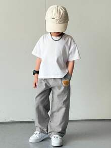 TaviRue Young Boys' Casual Street Style Striped Woven Pants With Pockets, Straight Leg, Lightweight & Comfortable, Versatile For Outings, Vacation, Photography, School, Sports, Gatherings, Suitable For Spring & Summer Comfy Pants Striped Pants Bear Pants Wide Leg Pants Baggy Pants - Black - View 4