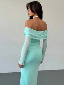 Aloruh 女士时尚优雅露肩荷叶边连衣裙 - 藍色 - 查看 3