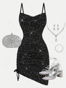 SHEIN Girlism Teen Girls Black Knit Metallic Foil Spaghetti Strap Waist Ruched Snug Fit Mini Party Dress Sparkle Dress Party Outfit Girls Teen Party Outfit Cute Black Dress Black Glitter Dress - Black - View 1