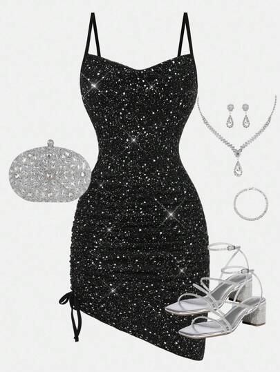 SHEIN Girlism Tonårsflickor Svart Stickad Metallisk Folie Spaghettibandsmidja Rynkad Mini Festklänning Tight Fit