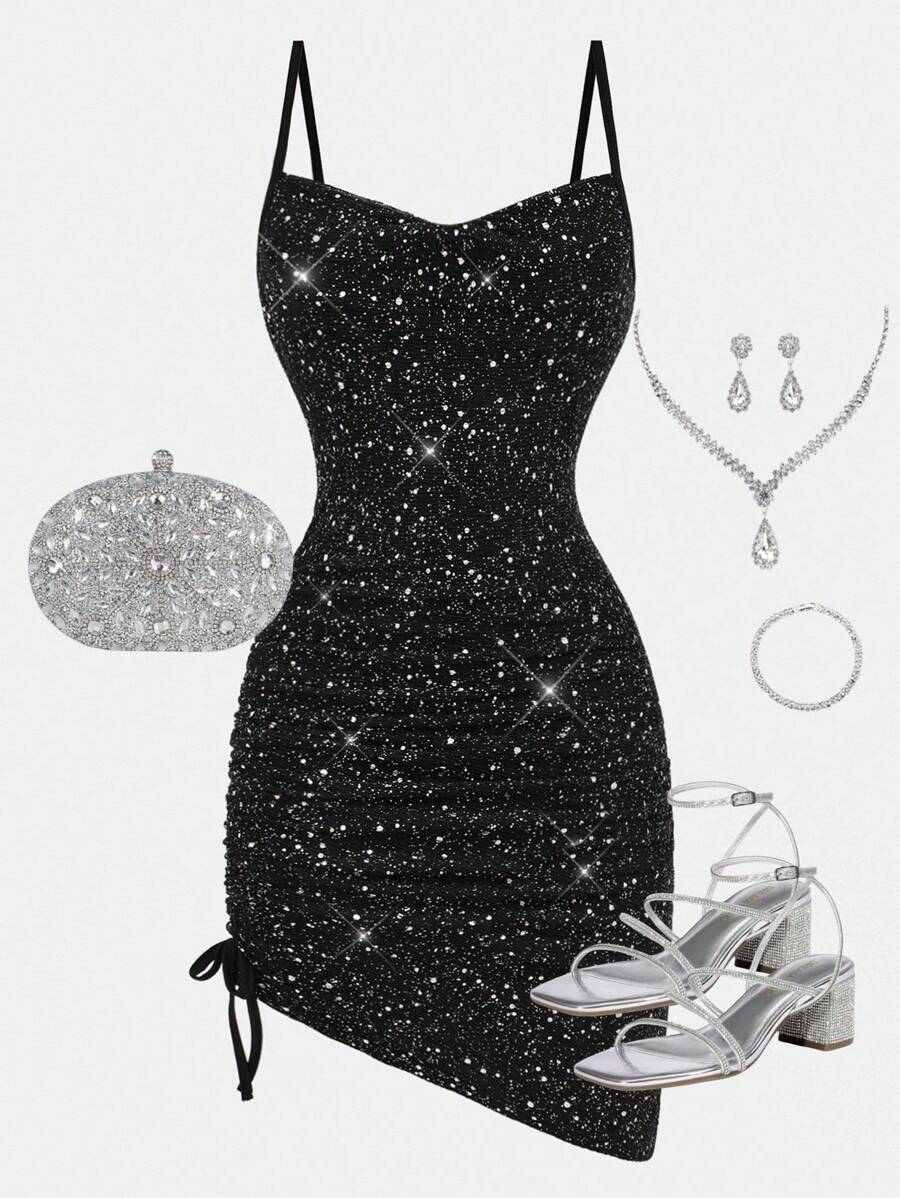 SHEIN Girlism Teen Girls Black Knit Metallic Foil Spaghetti Strap Waist Ruched Snug Fit Mini Party Dress Sparkle Dress Party Outfit Girls Teen Party Outfit Cute Black Dress Black Glitter Dress - Black - View 1