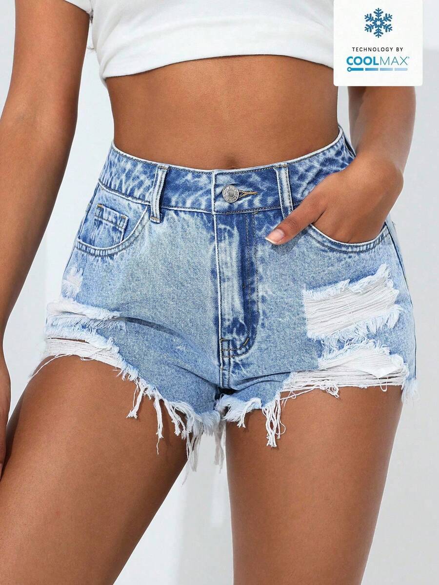 SHEIN PETITE Summer Casual Washed Distressed Denim Shorts - Light Wash - View 1