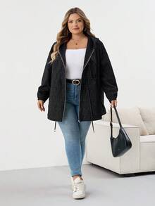 SHEIN CURVE+ Women's Plus Size Front Zipper Long Sleeve Hooded Jacquard Windbreaker Jacket, Casual Everyday Wear, Autumn Winter Fall/Autumn /Winter - Black - View 9