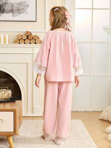 青少年女孩圆领蕾丝拼接袖上衣和宽松裤子睡衣套装 - 淺粉色 - 查看 2