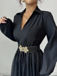 Modelyn 女士时尚休闲通勤撞色蕾丝黑色连衣裙 - 黑色 - 查看 2