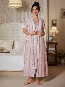 CottageSlumber 2 Stücke/Set aus Camisole-Kleid mit Blumenstickerei und kurzärmligem Morgenmantel aus Spitze - Verschiedenfarbig - Übersicht 6