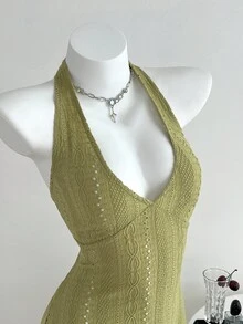 Elamini 1 件女士橄榄绿色提花修身紧身迷你连衣裙，露背系带，优雅秋季 - 橄欖綠 - 查看 1