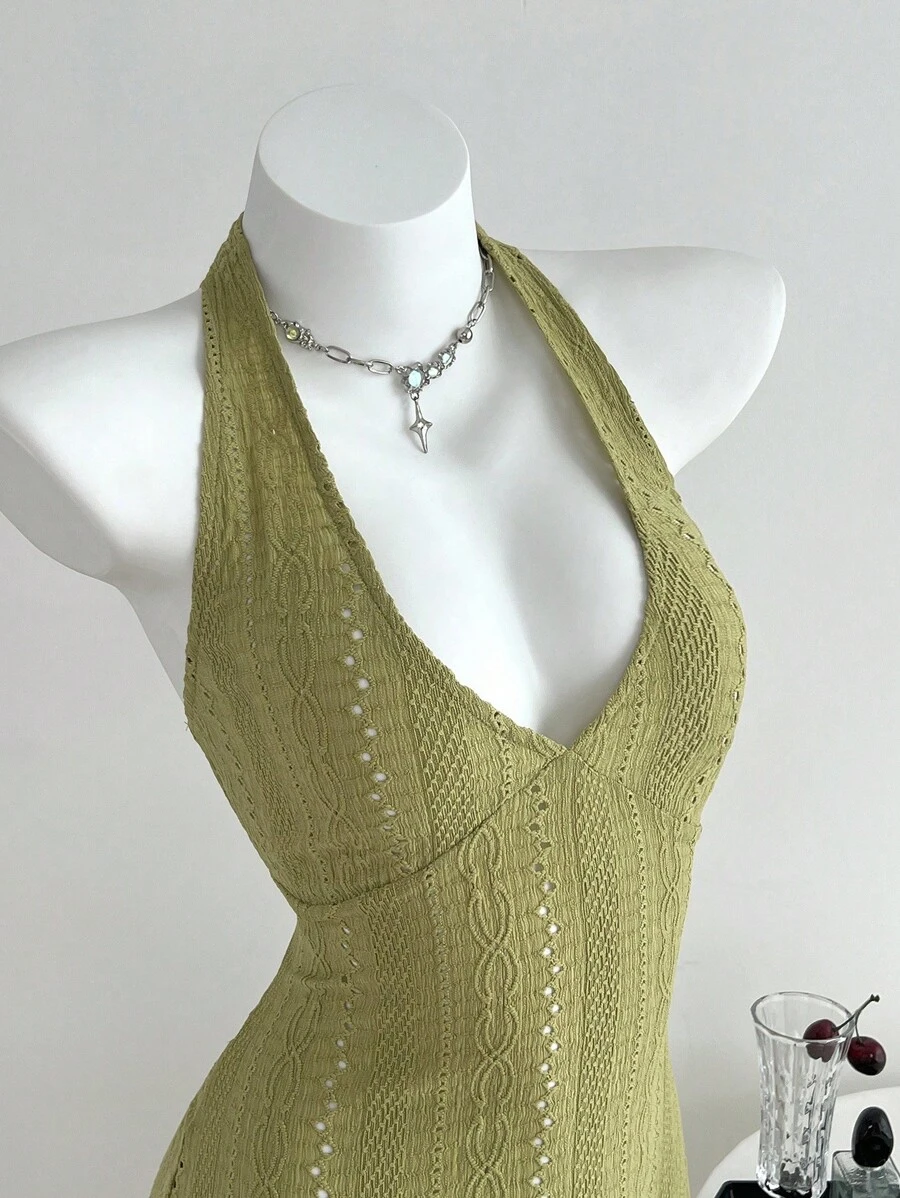 Elamini 1 件女士橄榄绿色提花修身紧身迷你连衣裙，露背系带，优雅秋季 - 橄欖綠 - 查看 1