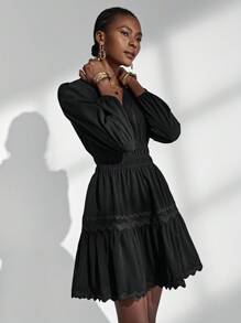 Almamuse-D Black Textured V-Neck Ruffle Trim Casual Dress For Women, Spring/Autumn Fall Cloth For Women - Black - View 5