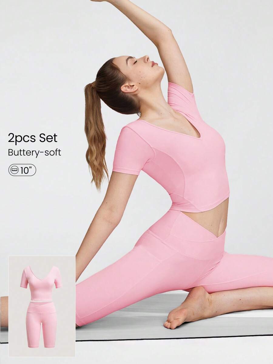 GLOWMODE FeatherFit™ Cropped T-Strap Tank & High-Rise Biker Shorts Set - Pink - View 1