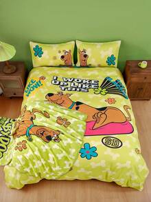 SCOOBY-DOO X SHEIN 3pc Soft & Cozy Cartoon Dog & Floral Print Duvet Cover Set,Suitable For Single Bed/Double Bed/Queen Bed/King Bed, Dormitory/Home - Green - View 5