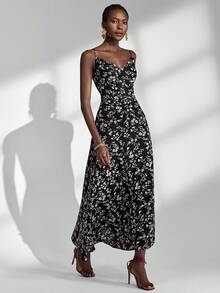 Almamuse Robe élégante pour femmes avec bretelles fines, encolure drapée et fente haute à l'ourlet - Noir - Voir 4