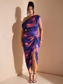 SHEIN BAE 大码女装秋冬时尚优雅约会派对黑色弹力针织舒适褶饰细节垂坠连衣裙不对称下摆开衩中长连衣裙、毕业礼服、女士生日礼服、开衩拼色扎染印花连衣裙、婚礼宾客礼服 - 紫色 - 查看 3