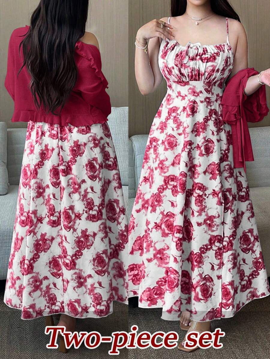 Flirla Bộ 2 món váy chữ A họa tiết cổ bèo nhún tay dài thời trang xuân/hè cho nữ cỡ lớn + cổ tròn xếp ly thắt nơ eo họa tiết hoa viền xẻ tà thanh lịch cổ điển dễ thương thường ngày cho kỳ nghỉ - Màu Đỏ Sâu - Xem 1
