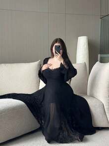 Flirla 优雅蕾丝边泡泡袖连衣裙，收腰，度假，海滩，生日，法式时尚 - 黑色 - 查看 6