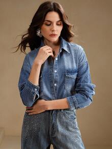 Anewsta Elegant Rhinestone Embellished Blue Denim Blouse, Suitable For Fall, Winter, New Year, Elegant, Chic, Stylish, Christmas, Going Out - Blue - View 3