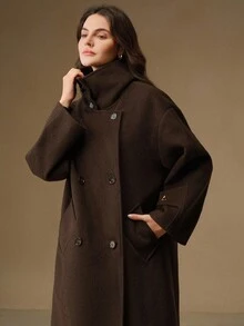 Anewsta 女士优雅圣诞新年高端复古纯色立领宽松中长百搭深色羊毛大衣，冬季 - 咖啡棕 - 查看 6