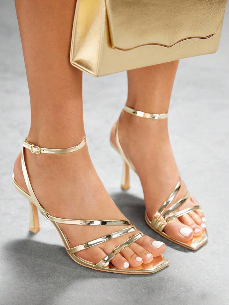 CUCCOO SZL Women's Gold Strap Square Toe High Heel Sandals Prom Heels Summer Shoes