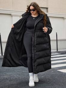 SHEIN CURVE+ 女式加大码连帽长款夹棉外套（配腰带），秋冬 - 黑色 - 查看 10
