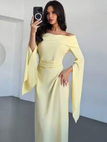 Firerie 优雅纯色露肩长袖褶皱腰 A 字中长连衣裙，适合日常、度假、返校、毕业典礼、派对 - 奶油黄 - 黃色 - 查看 9