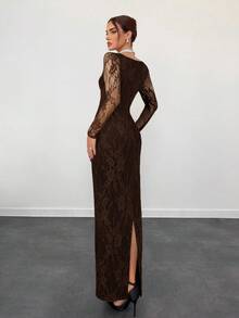 Aloruh Đầm Maxi Ôm Body Cổ Vuông Ren Tay Dài Hình Chữ S Gợi Cảm Cho Nữ Thu/Đông Mới Cho Dự Tiệc, Đêm Hẹn Hò, Buổi Tối - màu nâu - Xem 2