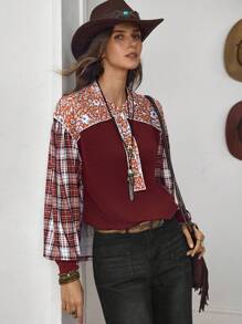 LanaWest Camiseta de manga larga de ajuste holgado con parches de tela, estampado a cuadros y floral diminuto en color burdeos, estilo casual occidental, LanaWes - Burdeos - Ver 5