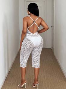 Maweii Plus Size Sexy Sheer Lace Backless Halter Bodysuit, Summer - Beige - View 2