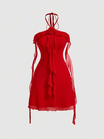 SHEIN MOD Vestido rojo sin mangas con escote halter, decoración floral y dobladillo con volantes. Vestido de punto de malla romántico y ajustado con banda elástica en la cintura para mujeres