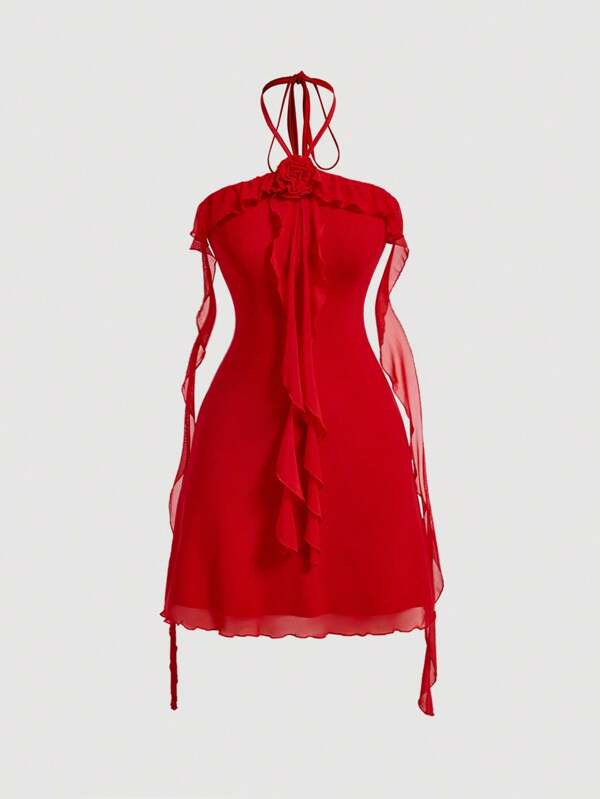 SHEIN MOD Red Sleeveless Halter Dress With Floral Decor And Ruffle Hem, Romantic Slim Fit Knit Mesh Dress With Elastic Waistband For Women