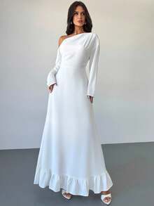 Firerie Vestido de mujer nuevo, elegante y casual para uso diario y urbano, con cuello asimétrico blanco, manga larga, volantes en el bajo y cinturón en la cintura. Vestido con cuello asimétrico, atuendo para el aeropuerto, atuendos de vacaciones, temporada de regreso a la escuela - Blanco - Ver 5