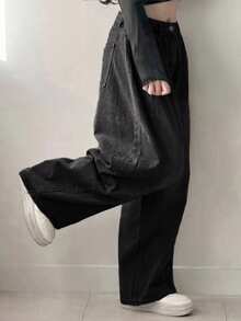 DAZY Jeans casuales de bolsillo de ajuste holgado de unicolor para mujer - Negro - Ver 3