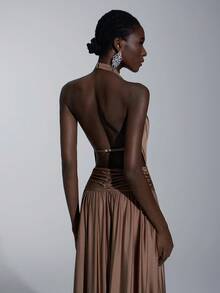 Elitara 优雅、浪漫、性感、简约的棕色弹性露背 A 字裙，时尚适合节日、度假、生日派对、婚礼、伴娘活动 - 咖啡棕 - 查看 6