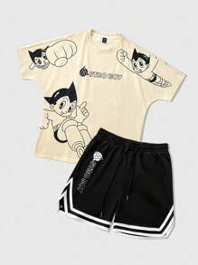 ROMWE MEN Astro Boy X ROMWE T-shirt graphique à figure de dessin animé décontracté pour hommes, assorti à des shorts de sport, convient pour le printemps et l'été - Multicolore - Voir 5