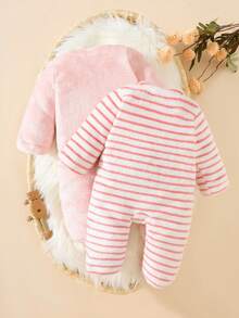 2pcs Unisex Baby Clothes Set: Fleece Zip-Up Footie Jumpsuit In Pink Striped Pattern + Pink Heart Design Chic Outfits For Autumn/Winter Fall - Pink - View 2