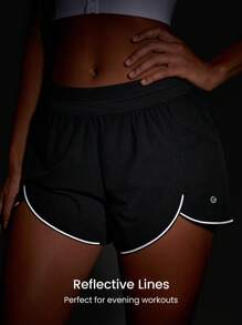 GLOWMODE Pantaloncini da running a delfino in rete ultra traspirante, con spacco anti-sfregamento, coulisse, tasche, riflettente, per allenamento di impatto medio, palestra, estate, notte - nero - Visualizzare 6