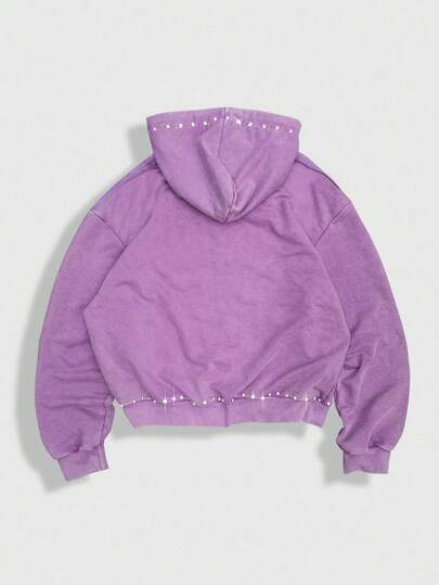 Street Life Sudadera con capucha, cremallera y bolsillo con decoración de rhinestones para hombre, otoño