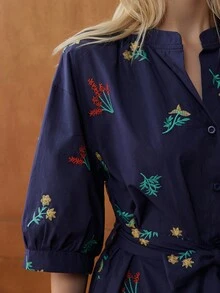 Écloséra French Elegant Retro Stand Collar Half Sleeve Embroidered Belt Autumn Fall Dress Long Women Dress Women Casual Dress Women Autumn Dress