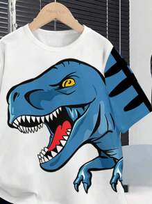 SHEIN Tween Boy Casual Cartoon Dinosaur Print Round Neck Short Sleeve T-Shirt And Shorts 2 Pieces Set, Suitable For Summer - Multicolor - View 3