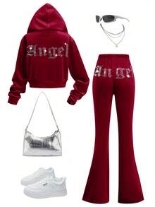 SHEIN 青少年女孩天鹅绒水钻口袋连帽拉链运动衫和修身喇叭裤休闲优雅两件套 - 酒紅色 - 查看 4