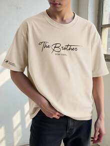 SHEIN Tween Boys Khaki Letter Print Short Sleeve T-Shirt,Minimalist Silhouette Soft Fabric Comfortable Fashion Beige Summer Casual School Outdoor Activities - Khaki - View 3
