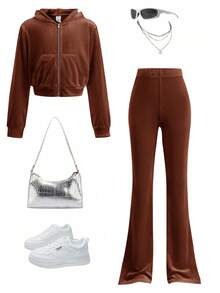 SHEIN Tween Girl Velvet Rhinestone Pocket Hooded Zip-Up Sweatshirt And Slim Flare Pants Casual Elegant 2 Pieces Set, Girl Brown Two Piece Set, Girl Co Ord Set, Girls Brown Velour Tracksuit, Girls Rhinestone Two Piece Fall Winter