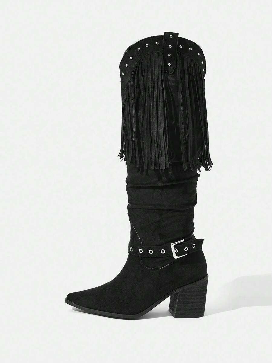 Styleloop Damskie, proste, wsuwane, wygodne, ocieplane buty na drewnianym obcasie, buty z motywem rekina, odpowiednie na Halloween, Boże Narodzenie, strój jesienny, czarne buty, buty damskie, buty westernowe, Core - Czarne - Zobacz 1