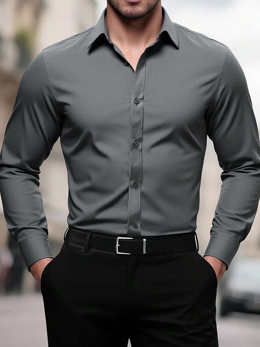 Manfinity Mode 男士休闲百搭纯色长袖衬衫长袖上衣，男士秋季户外2025男士秋季灰色衬衫男士商务休闲男士衬衫男士灰色正装衬衫，适合秋季 - 深灰色 - 查看 1