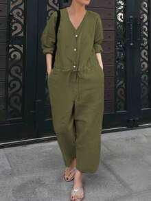 INAWLY Bộ đồ liền thân dài tay rộng rãi tối giản thời trang dành cho nữ, thích hợp cho kỳ nghỉ - màu xanh lá - Xem 3