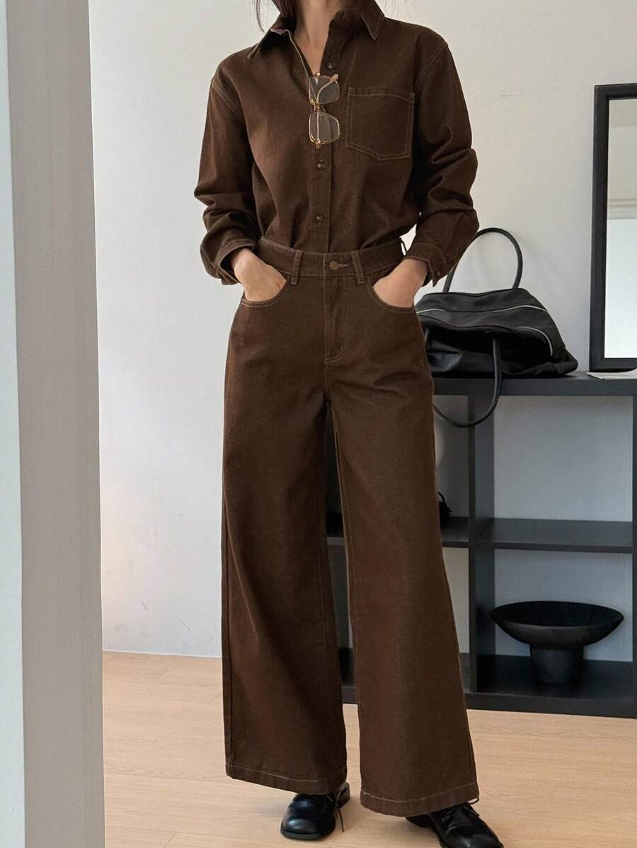 DAZY 女式长袖衬衫和宽松长裤两件套休闲牛仔套装 - 咖啡棕 - 查看 1
