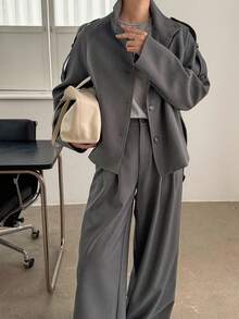 DAZY 女士立领短款系带风衣外套和宽松阔腿裤休闲套装，两件套，家居服套装 - 灰色 - 查看 2